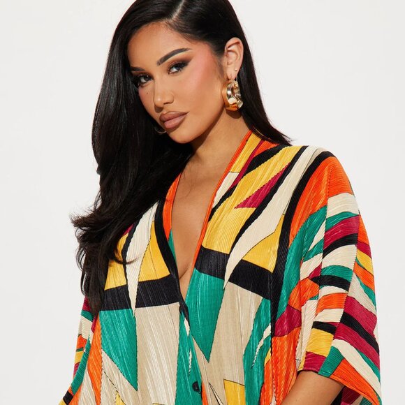 Fashion Nova Issa Plisse Abstract Kaftan Maxi Dress Tropical Vacation Large - Picture 1 of 15